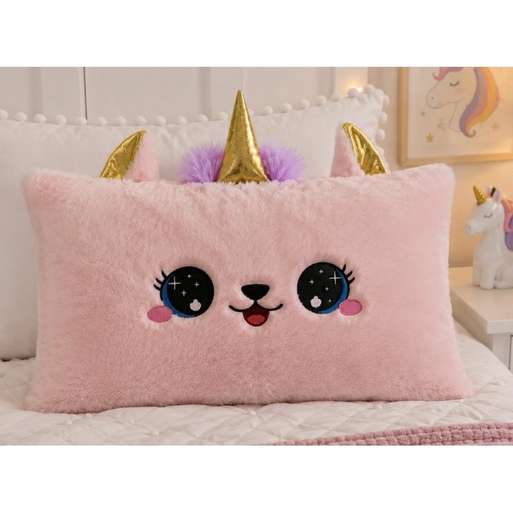 Unicorn Kids Bed Pillow Pink 16.5x24 Fuzzy Plush Gold Horn Ears Purple Mane NWT